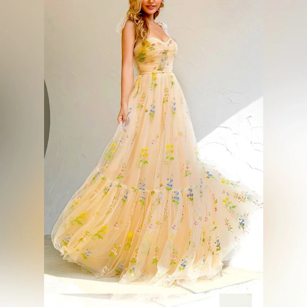 Tulle A-Line Spaghetti Straps Prom Dress Princess Embroidered Sz 4 - Picture 1 of 11